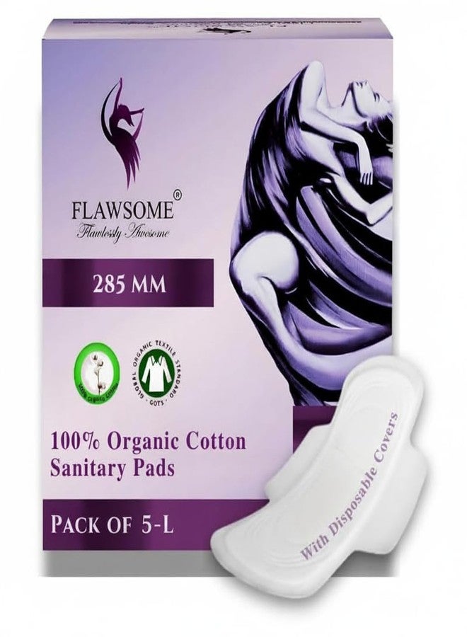 Flawsome Ultra Soft Cotton Sanitary Pads for Women | 5 Pads - L (285mm, Light-Medium Flow) | Rash-Free, Leak-Proof & Breathable | 100% Toxin-Free | Extra Absorbent with Disposal Pouch - Image 1
